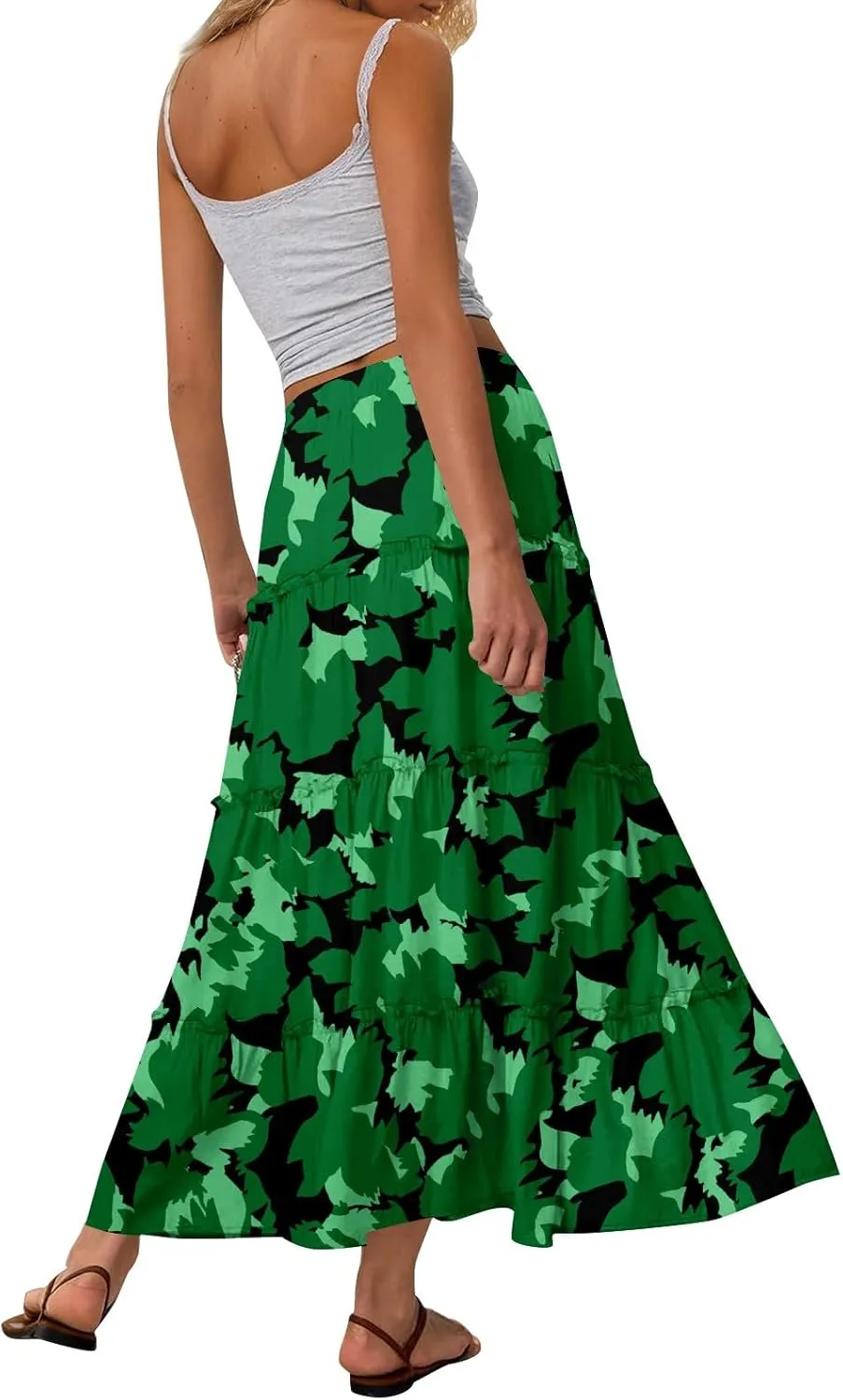Maxi Tiered Skirts for Women 2025 Boho Floral High Elastic Waist Long Flowy Skirt A-Line Ruffle Hem Beach Cover Ups