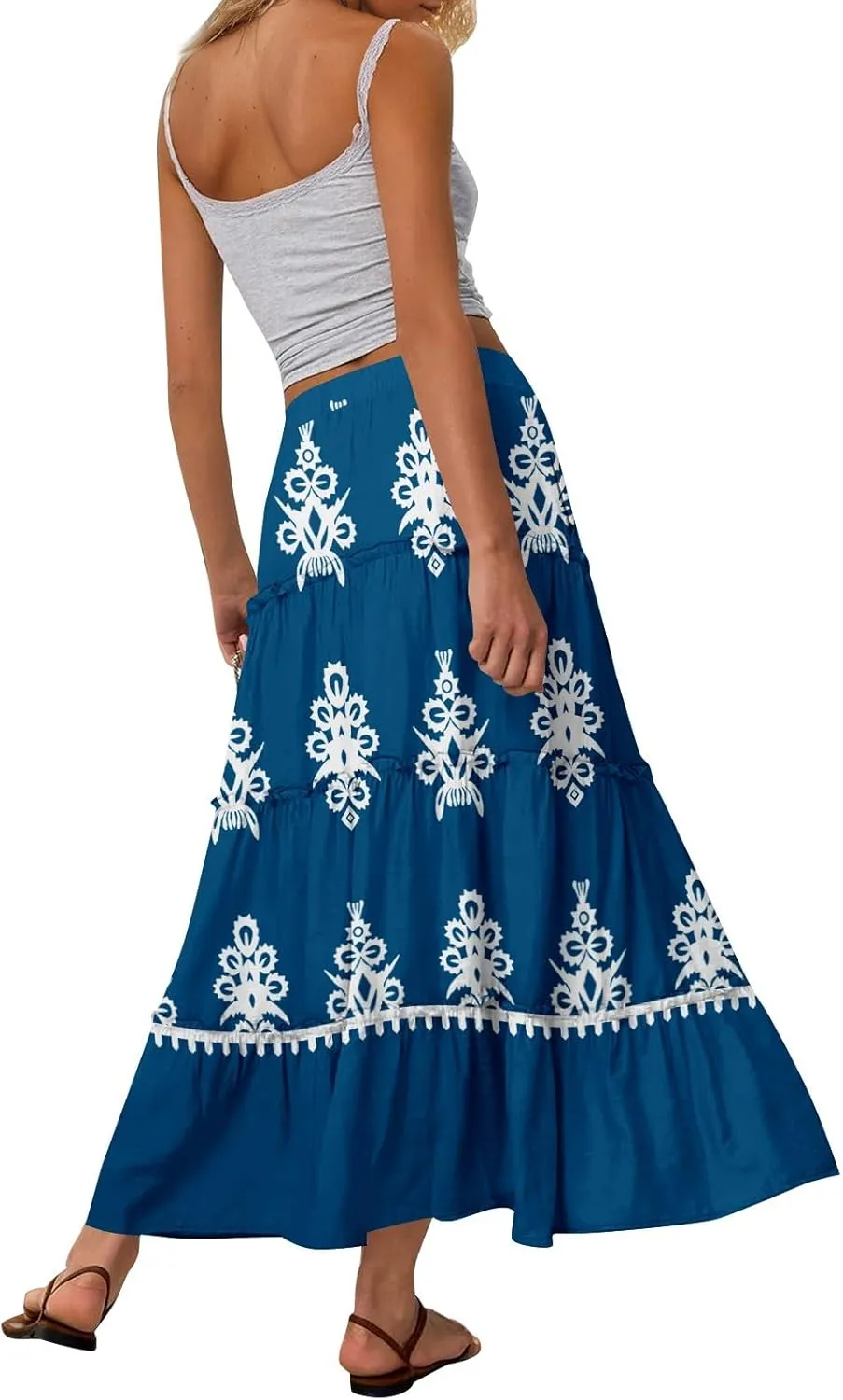 Maxi Tiered Skirts for Women 2025 Boho Floral High Elastic Waist Long Flowy Skirt A-Line Ruffle Hem Beach Cover Ups