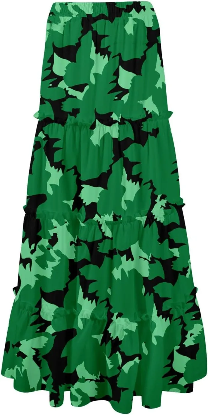 Maxi Tiered Skirts for Women 2025 Boho Floral High Elastic Waist Long Flowy Skirt A-Line Ruffle Hem Beach Cover Ups