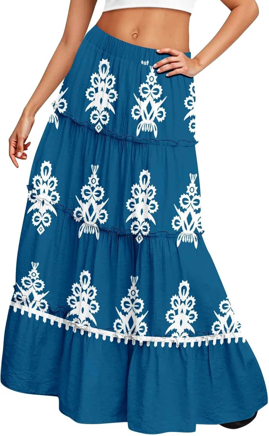 Maxi Tiered Skirts for Women 2025 Boho Floral High Elastic Waist Long Flowy Skirt A-Line Ruffle Hem Beach Cover Ups