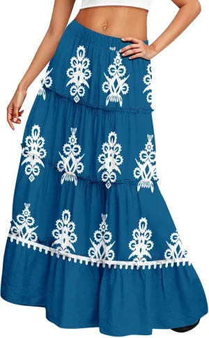 Maxi Tiered Skirts for Women 2025 Boho Floral High Elastic Waist Long Flowy Skirt A-Line Ruffle Hem Beach Cover Ups