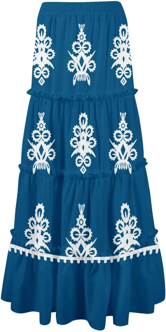 Maxi Tiered Skirts for Women 2025 Boho Floral High Elastic Waist Long Flowy Skirt A-Line Ruffle Hem Beach Cover Ups