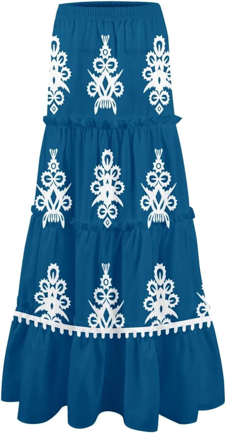Maxi Tiered Skirts for Women 2025 Boho Floral High Elastic Waist Long Flowy Skirt A-Line Ruffle Hem Beach Cover Ups