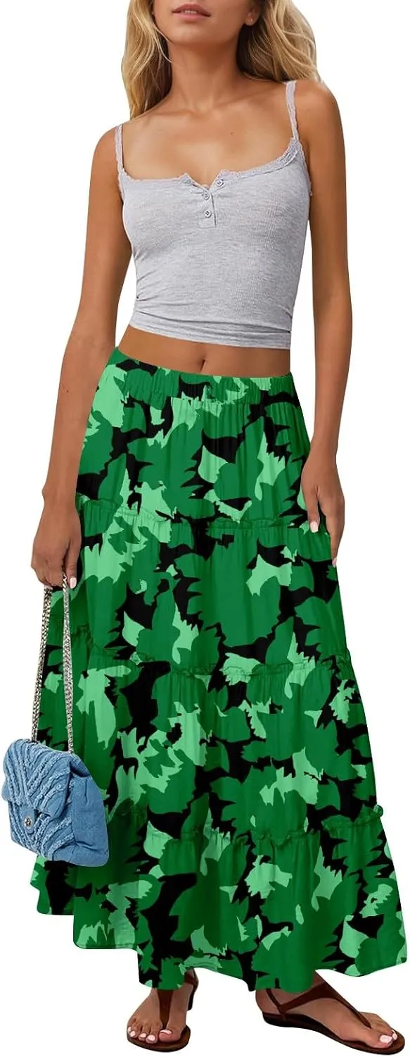 Maxi Tiered Skirts for Women 2025 Boho Floral High Elastic Waist Long Flowy Skirt A-Line Ruffle Hem Beach Cover Ups