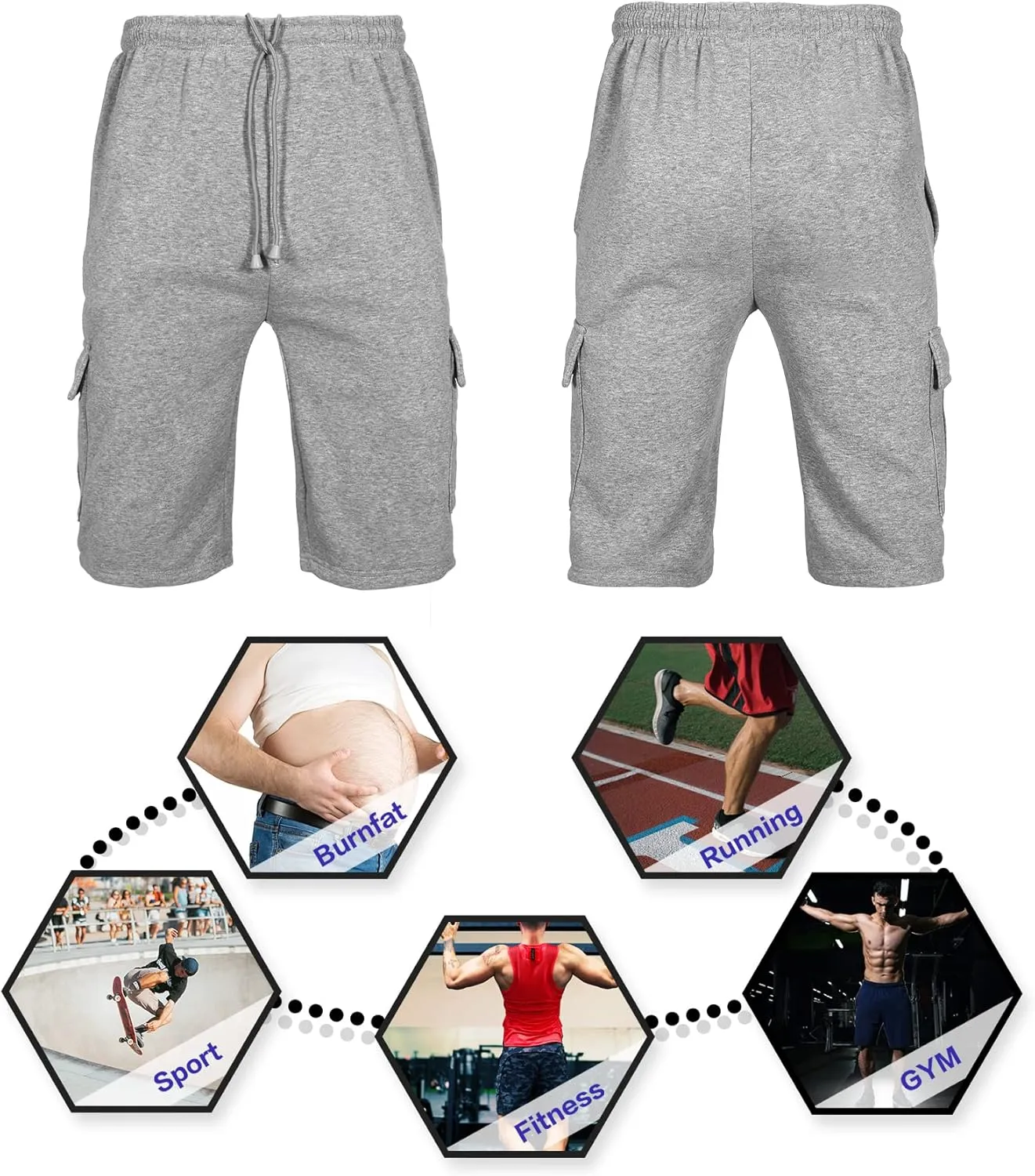 Men's Sweat Shorts Below The Knee Fleece Cargo Shorts Elastic Waist Workout Jogger Sweatpant Shorts with Pockets