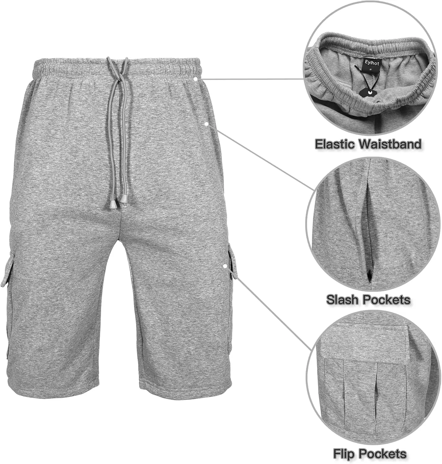 Men's Sweat Shorts Below The Knee Fleece Cargo Shorts Elastic Waist Workout Jogger Sweatpant Shorts with Pockets