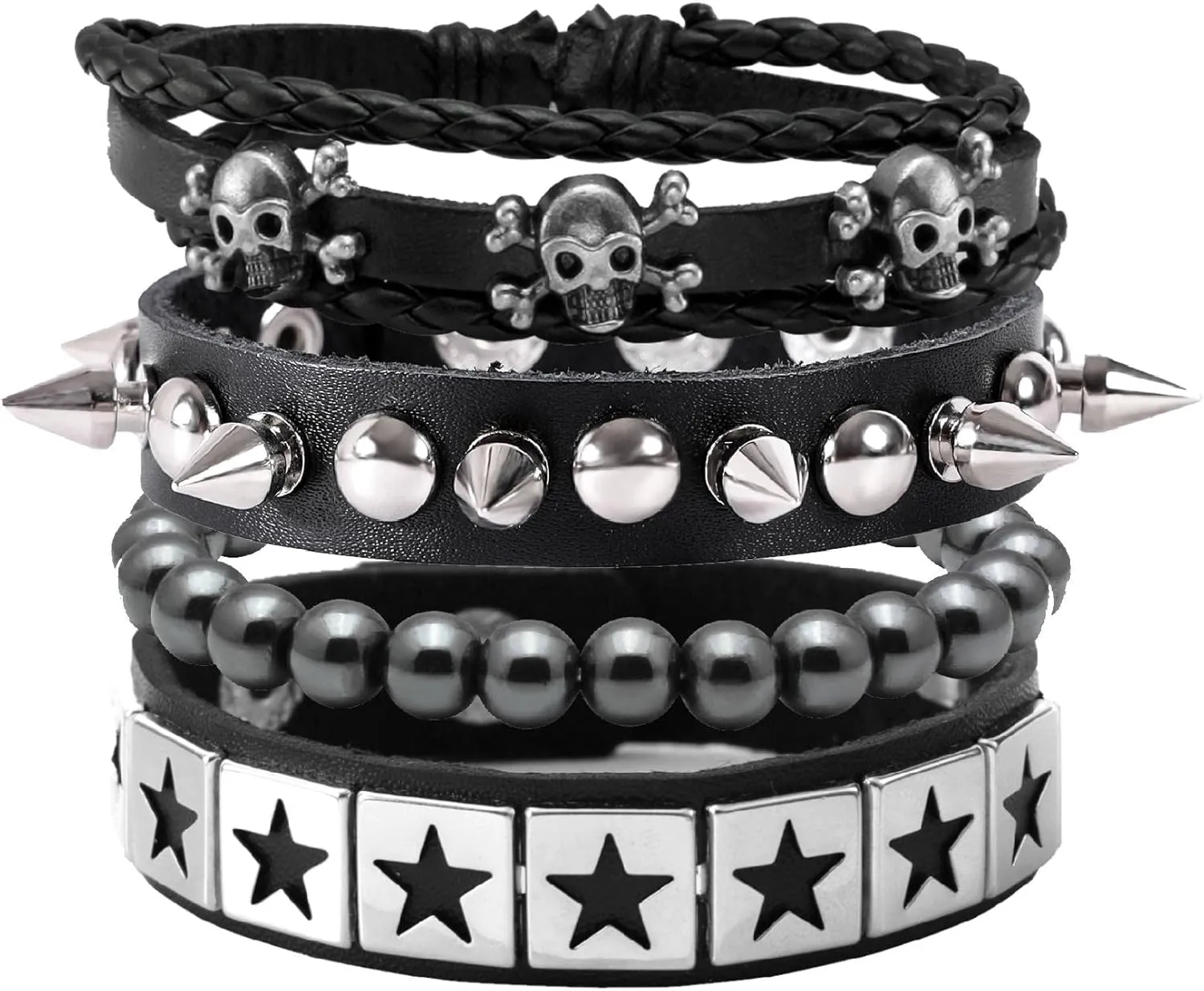MILAKOO 4pcs Gothic Style Bracelets Set Skull Star Wristband Buckle Adjustable Vintage Punk Jewelry
