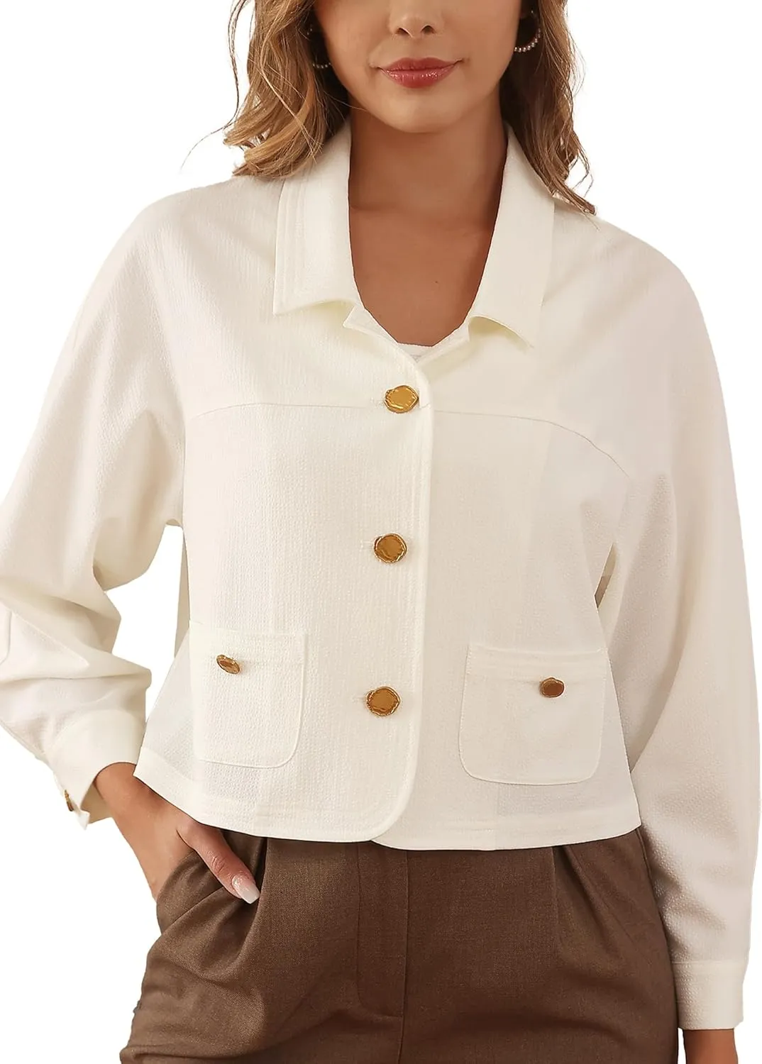 M.Infisavo Women Shacket Jackets Textured Elegant Collared Long Sleeve Cropped Shirt Jackets