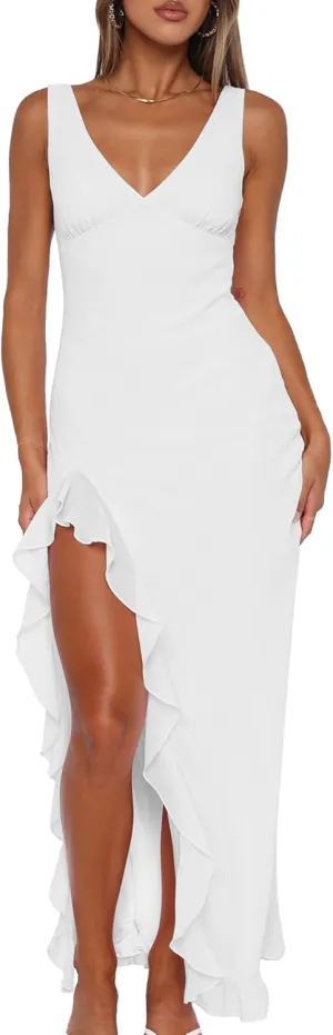 Mokoru Women's Sexy Bodycon V Neck Sleeveless Ruffle Hem High Slit Cocktail Party Maxi Dresses