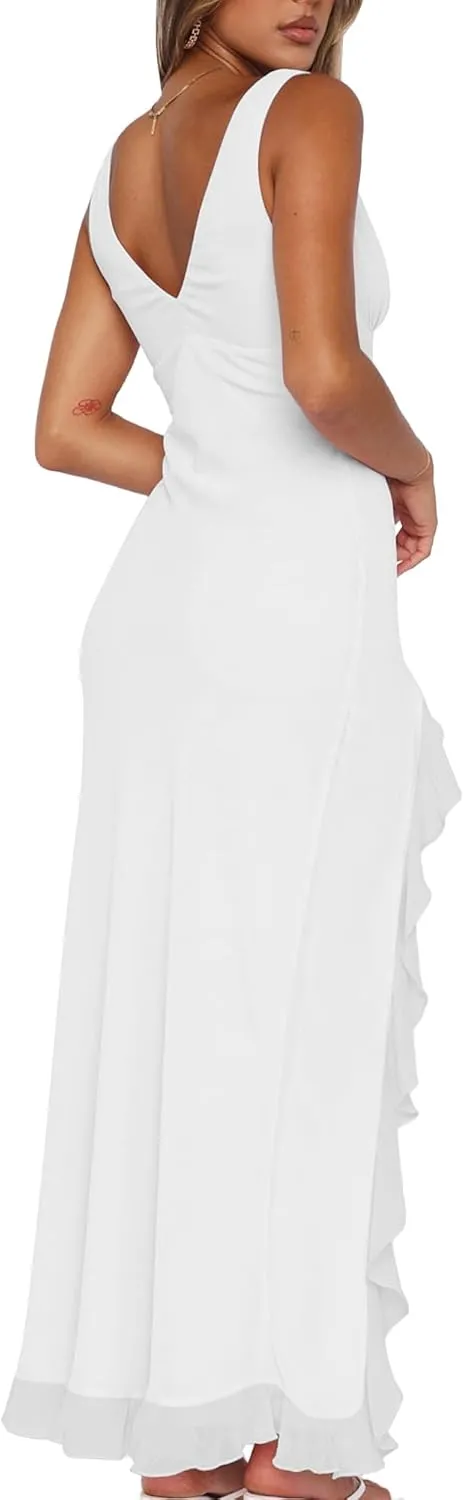 Mokoru Women's Sexy Bodycon V Neck Sleeveless Ruffle Hem High Slit Cocktail Party Maxi Dresses