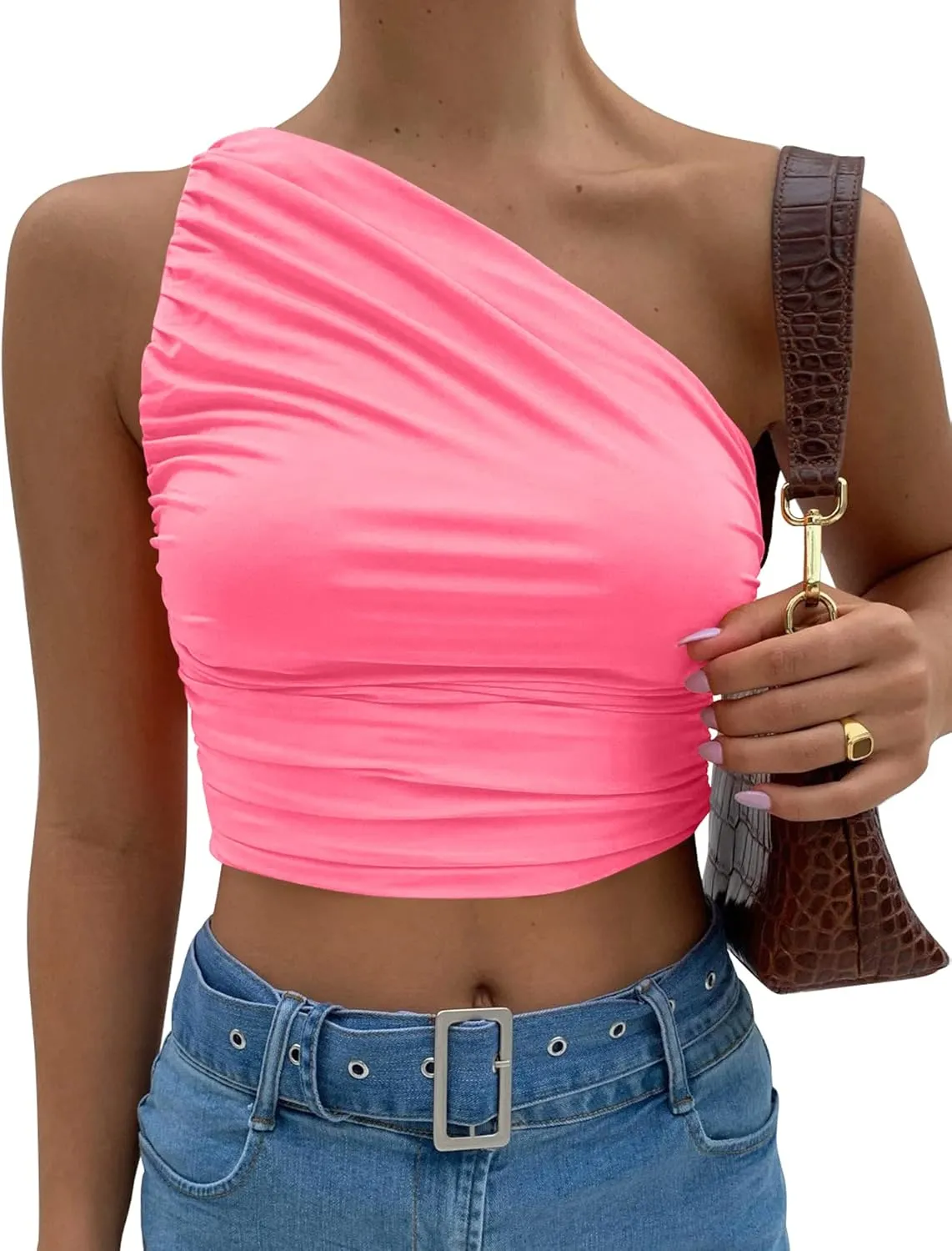 Mokoru Women's Sexy Ruched One Shoulder Crop Tops Sleeveless Tank Cami