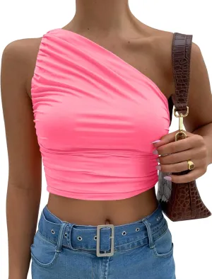 Mokoru Women's Sexy Ruched One Shoulder Crop Tops Sleeveless Tank Cami