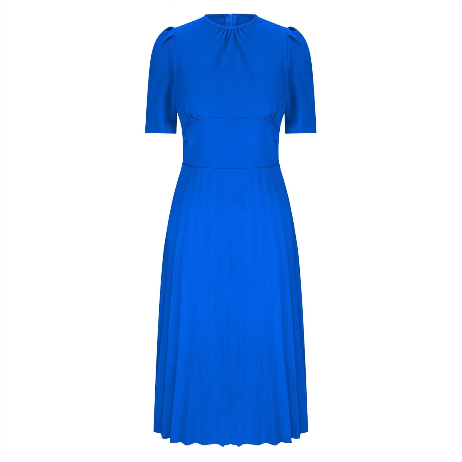 Oplxuo Women's Pleated Midi Dresses Puff Sleeve Crew Neck Solid Color A-Line Swing Formal Dress Fall Wedding Guest Dress