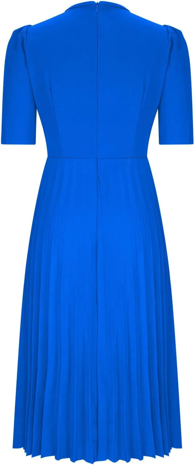 Oplxuo Women's Pleated Midi Dresses Puff Sleeve Crew Neck Solid Color A-Line Swing Formal Dress Fall Wedding Guest Dress