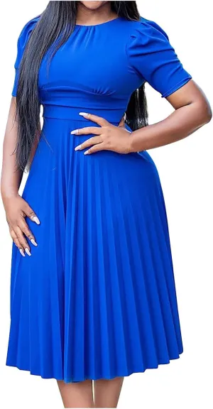 Oplxuo Women's Pleated Midi Dresses Puff Sleeve Crew Neck Solid Color A-Line Swing Formal Dress Fall Wedding Guest Dress