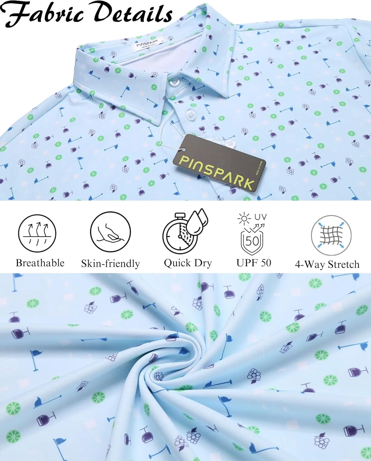 PINSPARK Men's Dry Fit Golf Shirts Moisture Wicking Performance Polo Shirts for Men Summer Print Golf Polo Shirt Short Sleeve