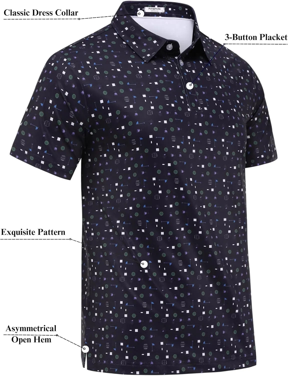 PINSPARK Men's Dry Fit Golf Shirts Moisture Wicking Performance Polo Shirts for Men Summer Print Golf Polo Shirt Short Sleeve