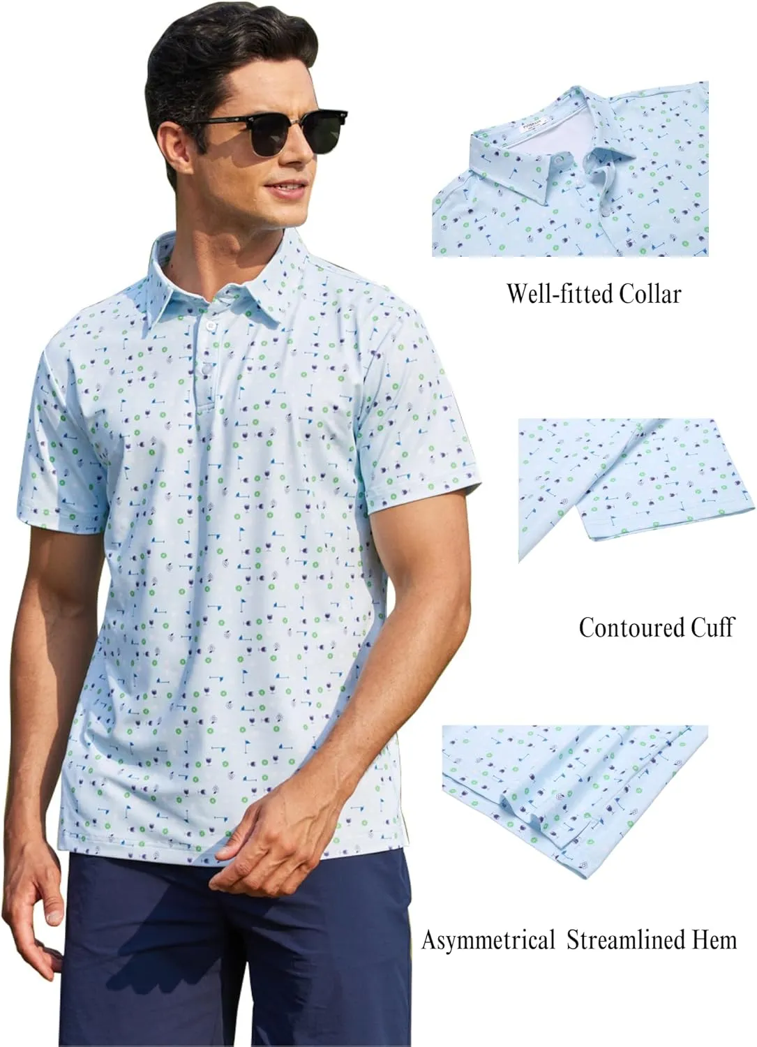 PINSPARK Men's Dry Fit Golf Shirts Moisture Wicking Performance Polo Shirts for Men Summer Print Golf Polo Shirt Short Sleeve