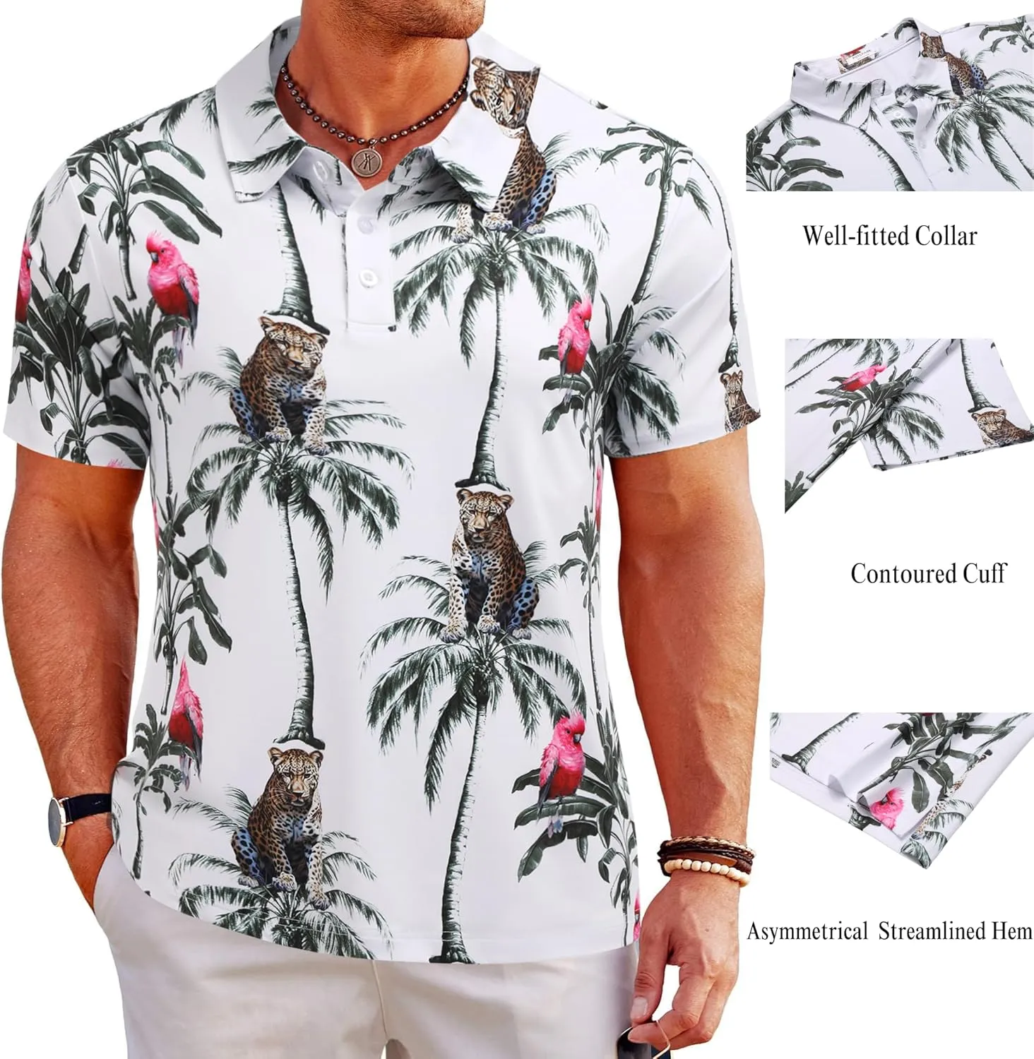 PINSPARK Men's Dry Fit Golf Shirts Moisture Wicking Performance Polo Shirts for Men Summer Print Golf Polo Shirt Short Sleeve