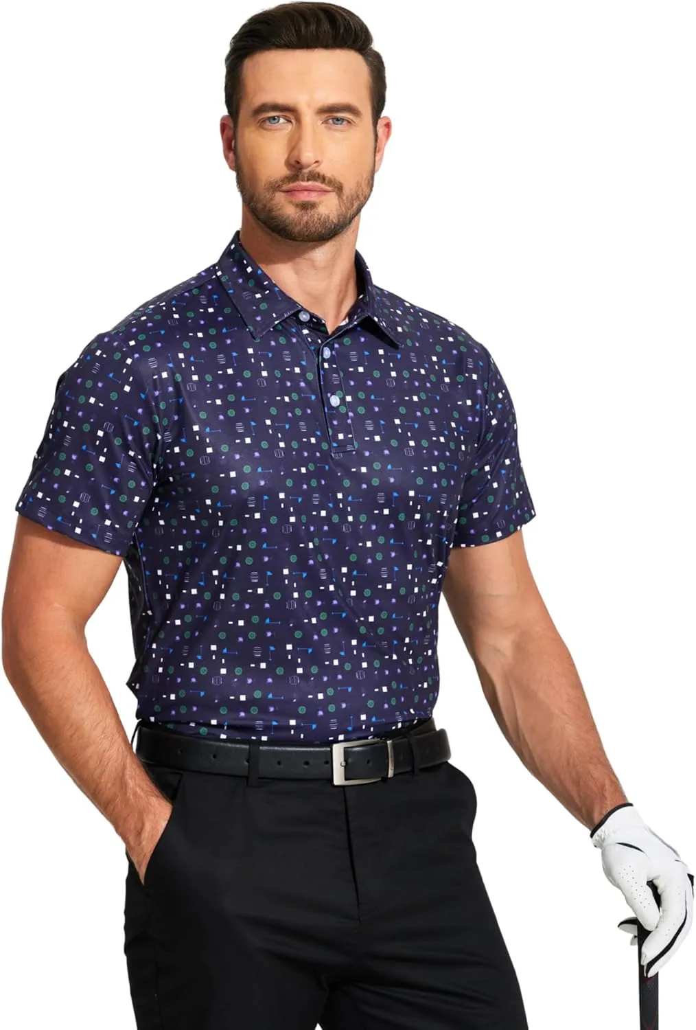PINSPARK Men's Dry Fit Golf Shirts Moisture Wicking Performance Polo Shirts for Men Summer Print Golf Polo Shirt Short Sleeve