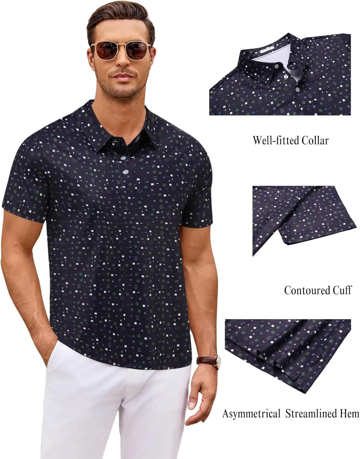 PINSPARK Men's Dry Fit Golf Shirts Moisture Wicking Performance Polo Shirts for Men Summer Print Golf Polo Shirt Short Sleeve