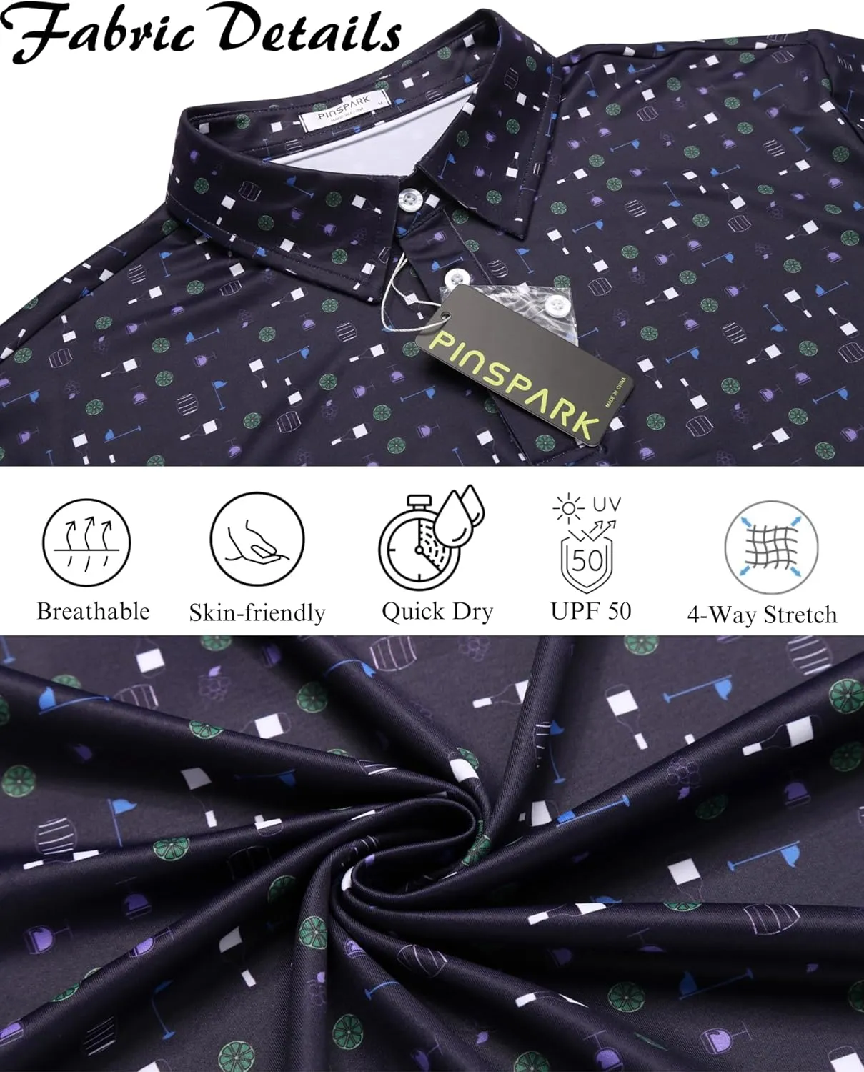 PINSPARK Men's Dry Fit Golf Shirts Moisture Wicking Performance Polo Shirts for Men Summer Print Golf Polo Shirt Short Sleeve