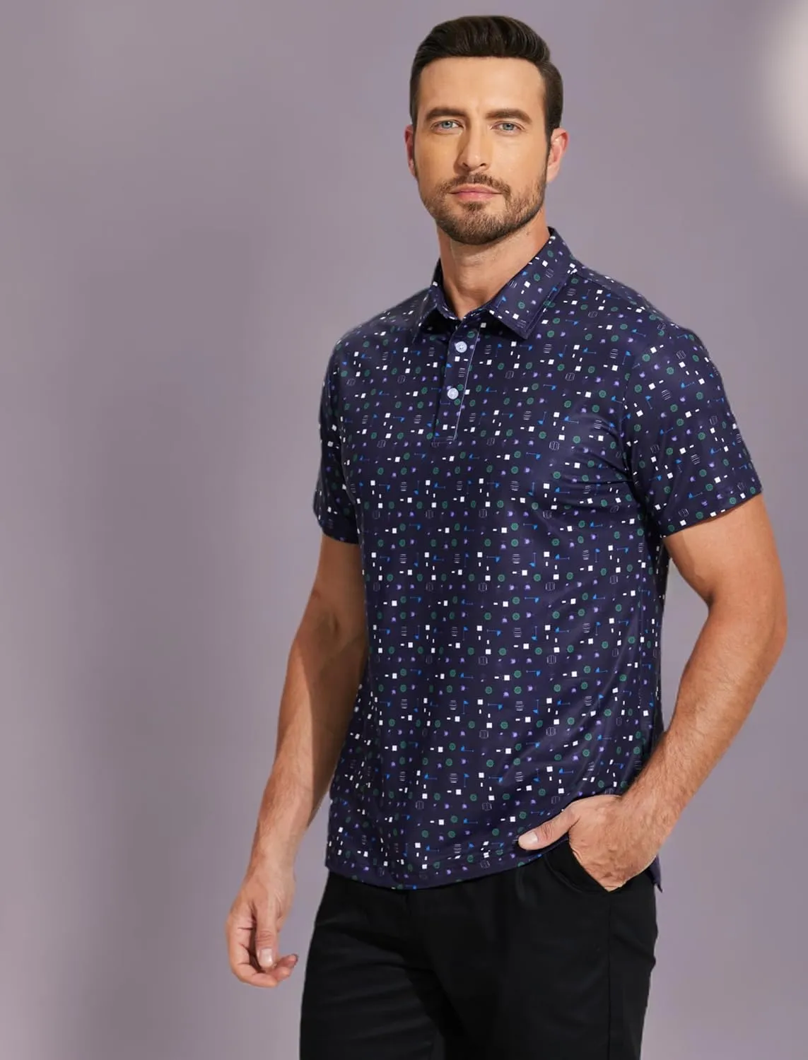 PINSPARK Men's Dry Fit Golf Shirts Moisture Wicking Performance Polo Shirts for Men Summer Print Golf Polo Shirt Short Sleeve