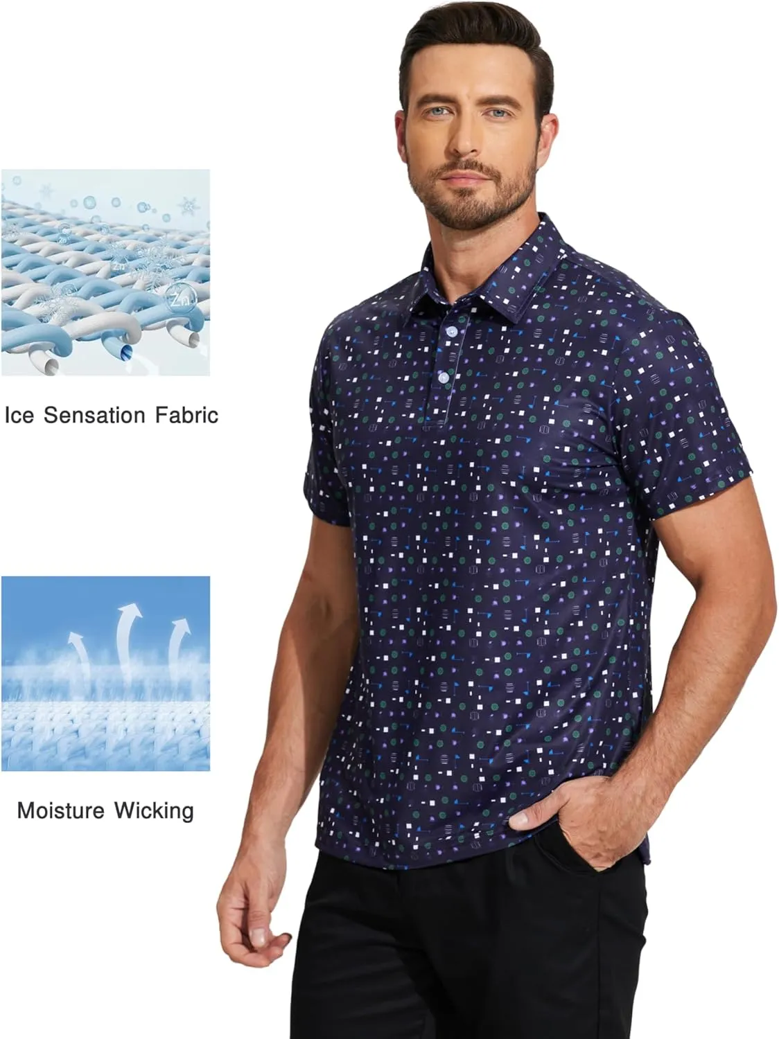 PINSPARK Men's Dry Fit Golf Shirts Moisture Wicking Performance Polo Shirts for Men Summer Print Golf Polo Shirt Short Sleeve