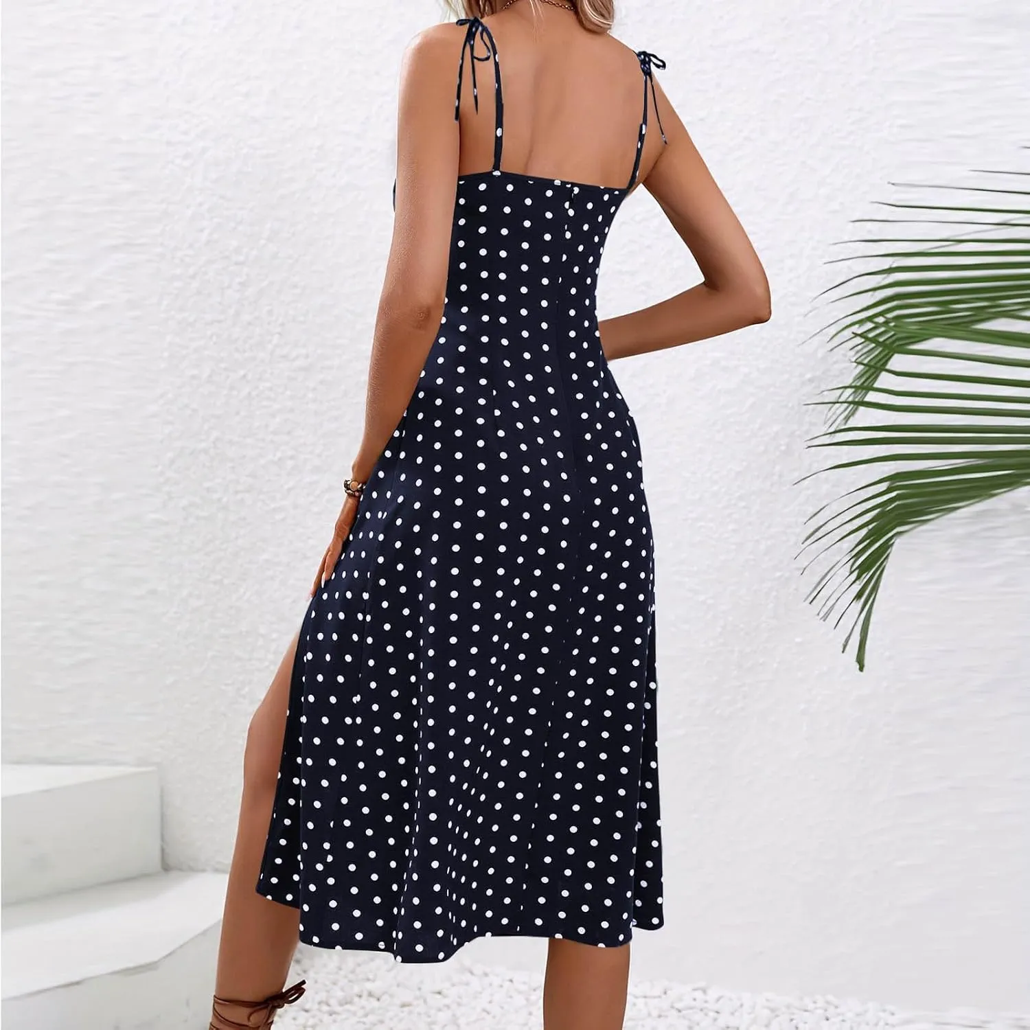 Polka Dot Slip Dress for Women A Line Sleeveless Side Slit Midi Dresses Spaghetti Strap Beach Sundresses