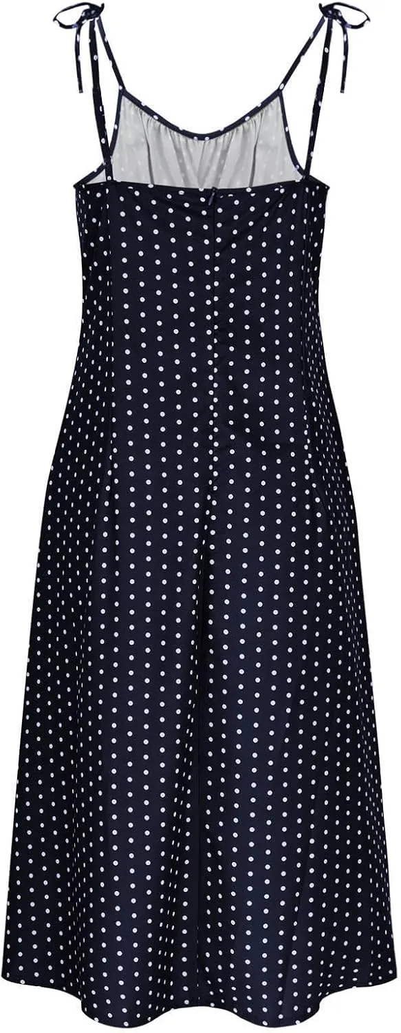 Polka Dot Slip Dress for Women A Line Sleeveless Side Slit Midi Dresses Spaghetti Strap Beach Sundresses