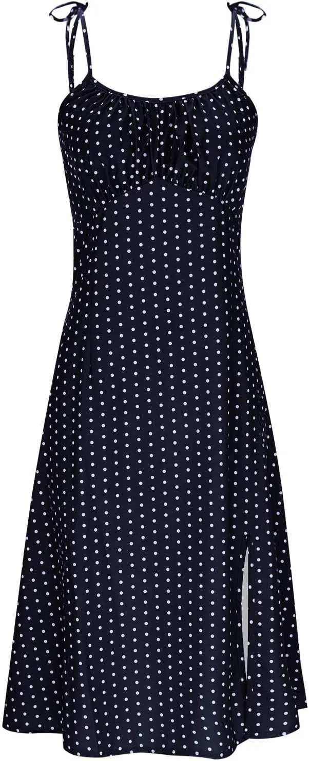 Polka Dot Slip Dress for Women A Line Sleeveless Side Slit Midi Dresses Spaghetti Strap Beach Sundresses