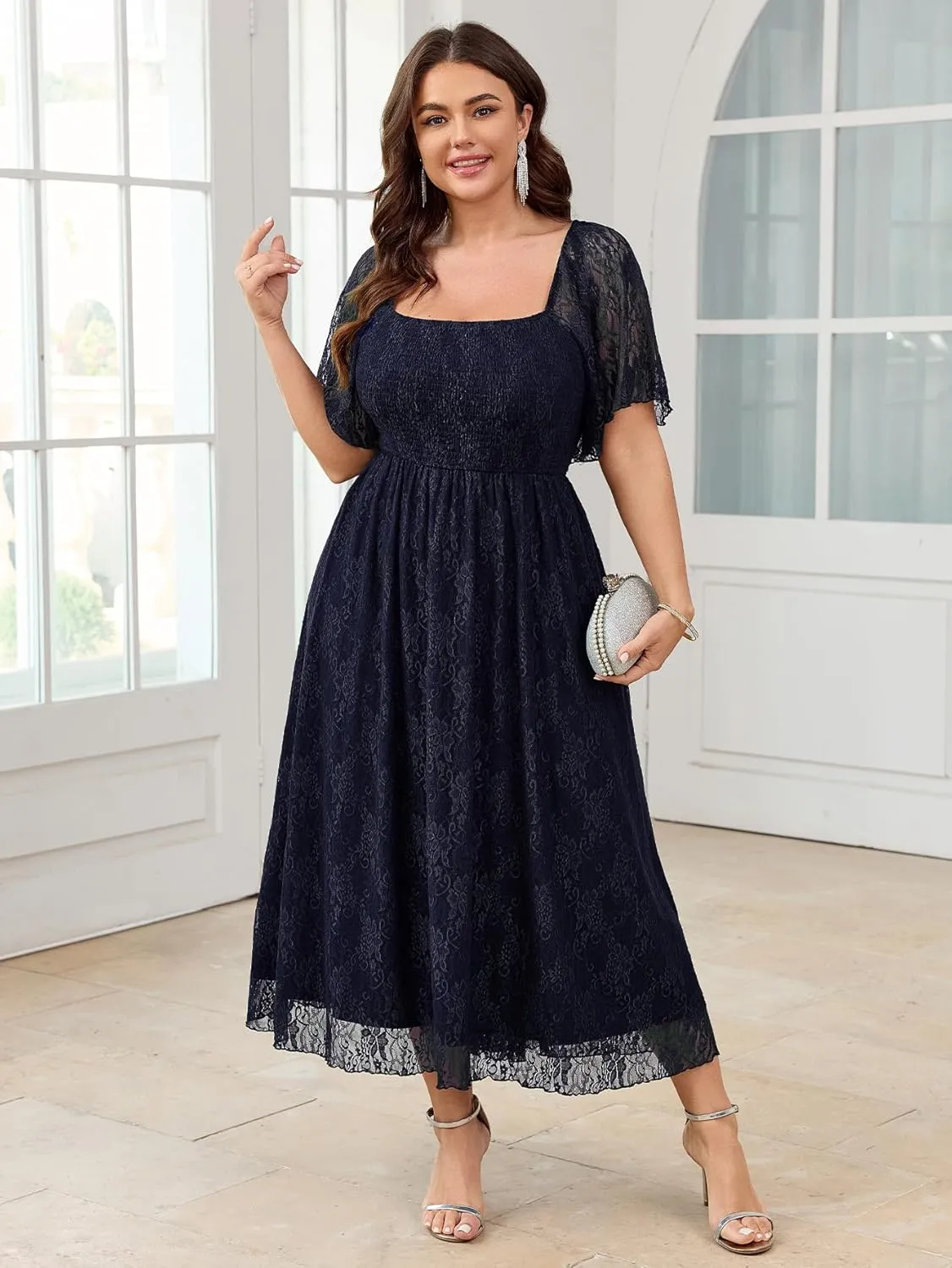 SCOMCHIC Women's Plus Size Wedding Guest Dress Formal Lace Square Neck Short Sleeve Smocked Flowy Cocktail Maxi Dresses