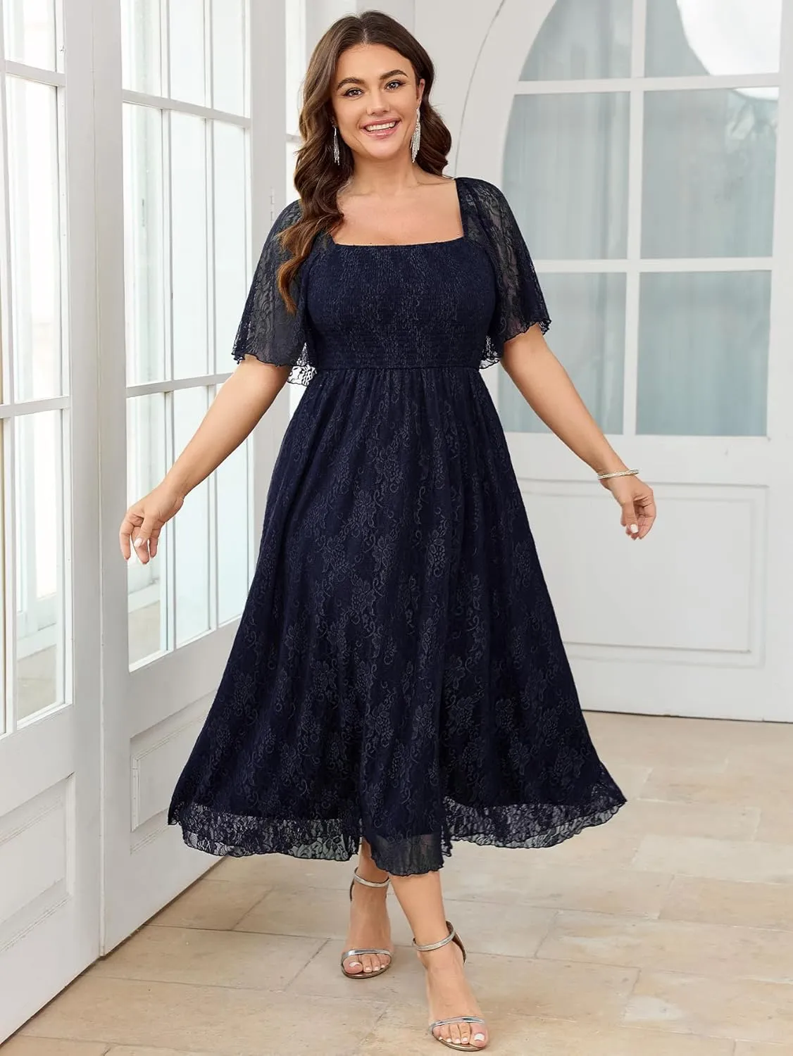 SCOMCHIC Women's Plus Size Wedding Guest Dress Formal Lace Square Neck Short Sleeve Smocked Flowy Cocktail Maxi Dresses