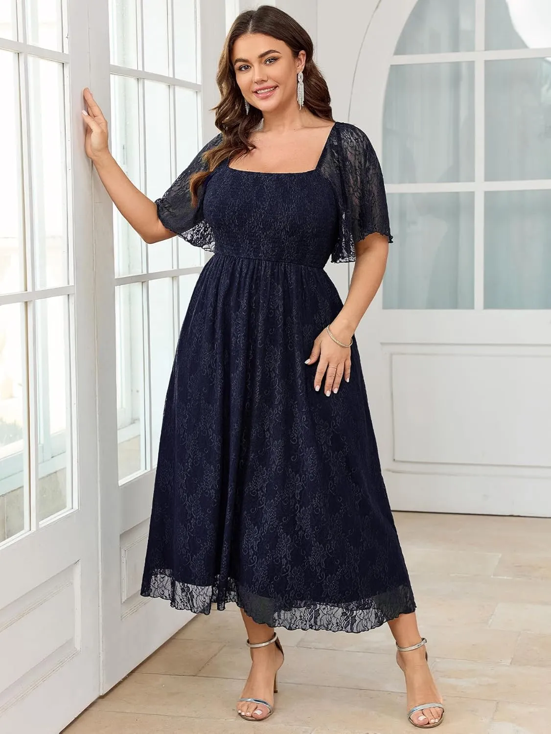 SCOMCHIC Women's Plus Size Wedding Guest Dress Formal Lace Square Neck Short Sleeve Smocked Flowy Cocktail Maxi Dresses
