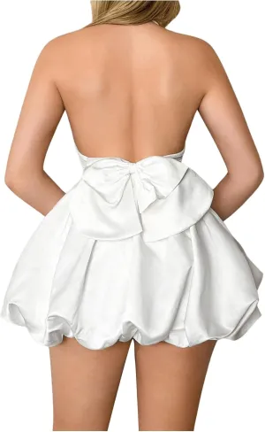 SHENHE Women's Velvet Bubble Dress Bow Backless Halter Neck Puffy Sexy Party Mini Dress