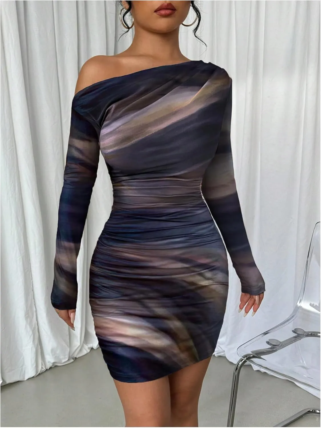 SOLY HUX Women's Sexy Off The Shoulder Bodycon Mini Dress Tie Dye Long Sleeve Ruched Asymmetrical Club Dresses