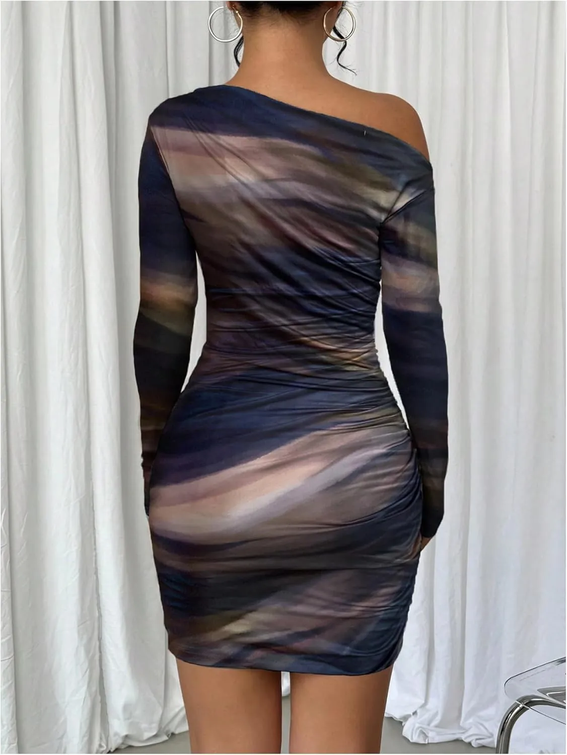 SOLY HUX Women's Sexy Off The Shoulder Bodycon Mini Dress Tie Dye Long Sleeve Ruched Asymmetrical Club Dresses