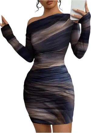 SOLY HUX Women's Sexy Off The Shoulder Bodycon Mini Dress Tie Dye Long Sleeve Ruched Asymmetrical Club Dresses