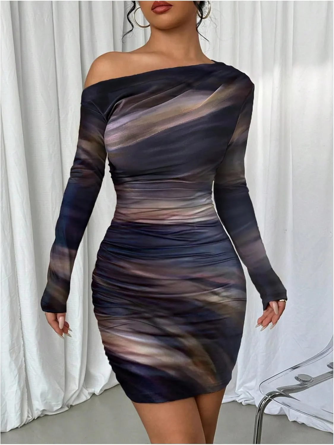 SOLY HUX Women's Sexy Off The Shoulder Bodycon Mini Dress Tie Dye Long Sleeve Ruched Asymmetrical Club Dresses
