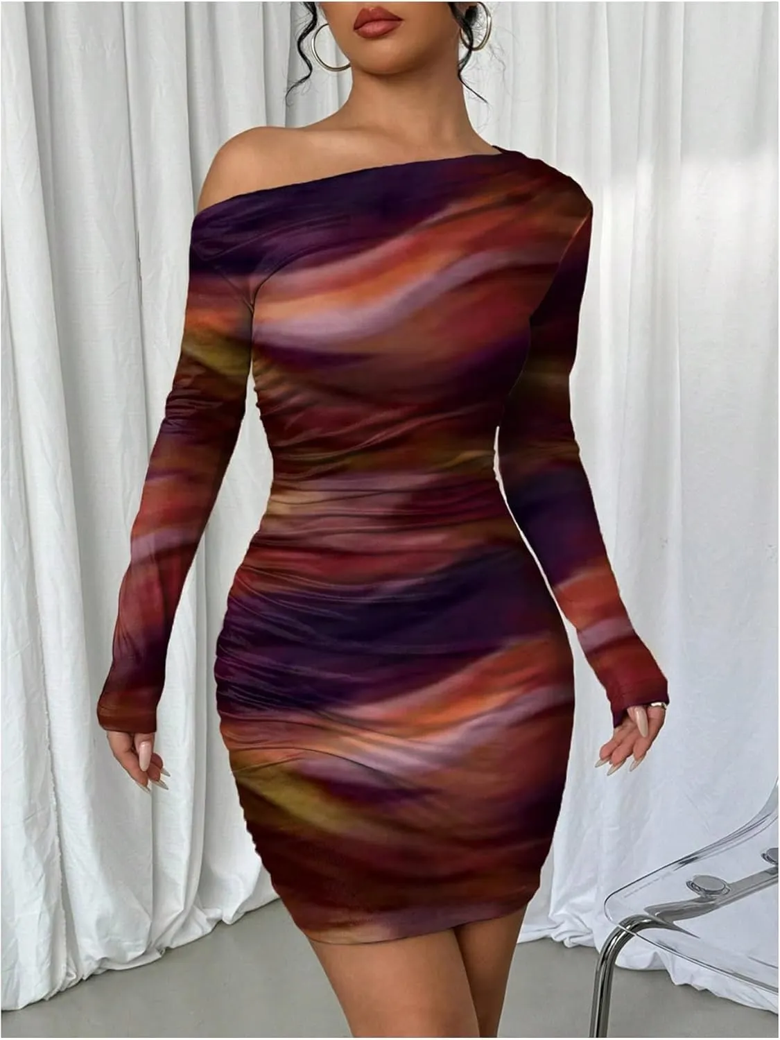 SOLY HUX Women's Sexy Off The Shoulder Bodycon Mini Dress Tie Dye Long Sleeve Ruched Asymmetrical Club Dresses