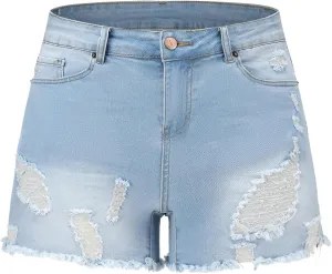 THUNDER STAR Stretchy Jean Shorts for Women Mid Rise Distressed Denim Shorts Ripped Casual Summer Shorts