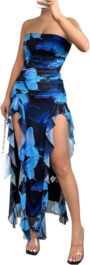 WDIRARA Women's Butterfly Print Asymmetrical Bodycon Maxi Dress Split Ruffle Trim Strapless Tube Dresses
