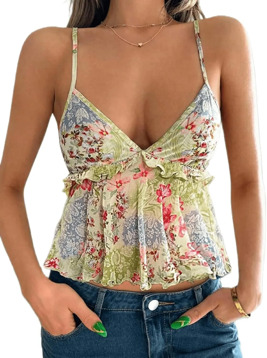 Women Floral Print Tie Shoulder Tank Tops Y2k V Neck Ruffle Hem Cami Shirt Cute Smocked Cami Tops