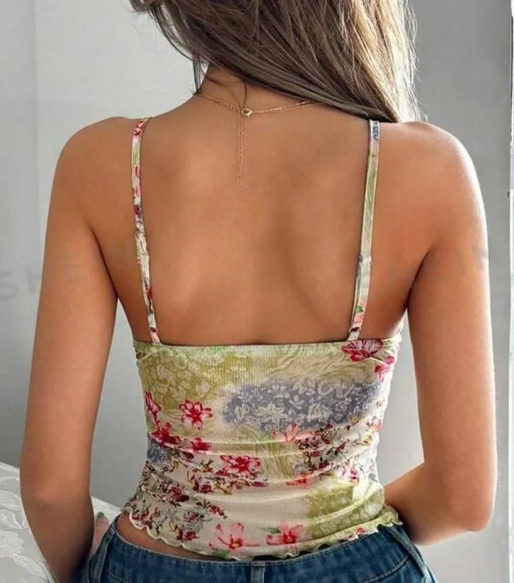 Women Floral Print Tie Shoulder Tank Tops Y2k V Neck Ruffle Hem Cami Shirt Cute Smocked Cami Tops