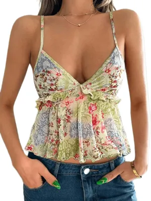 Women Floral Print Tie Shoulder Tank Tops Y2k V Neck Ruffle Hem Cami Shirt Cute Smocked Cami Tops