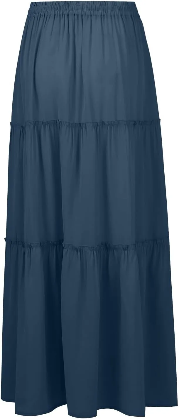 Women Maxi Skirt Casual High Waisted A Line Flowy Long Skirts Pleated Ruffle Tiered Boho Beach Skirts with Pockets
