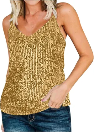 Women Sexy Sequin Tank Tops Spring Summer Fashion Sparkly Sleeveless Shirts Party Glitter Scoop Neck Tops Going Out