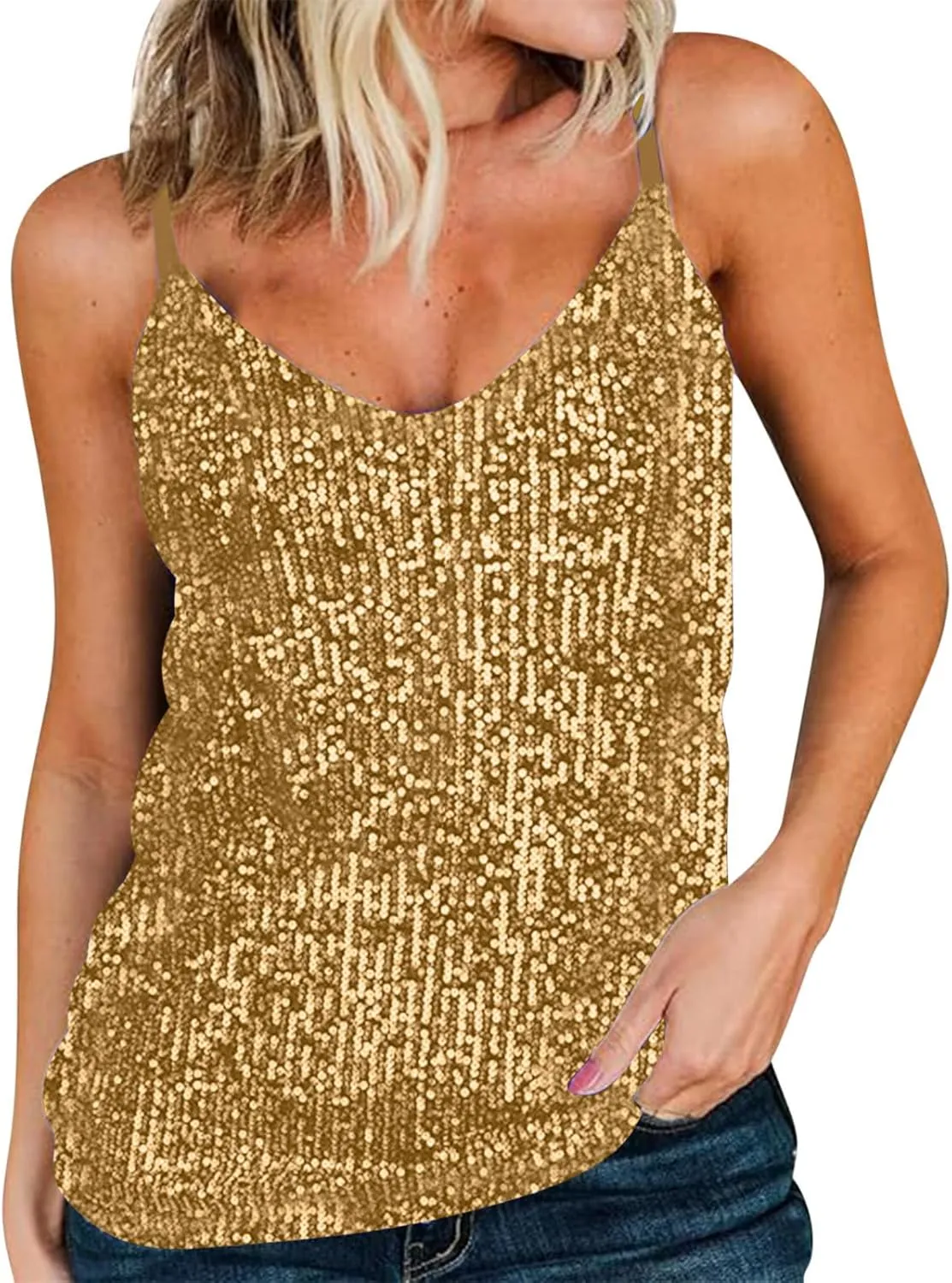 Women Sexy Sequin Tank Tops Spring Summer Fashion Sparkly Sleeveless Shirts Party Glitter Scoop Neck Tops Going Out