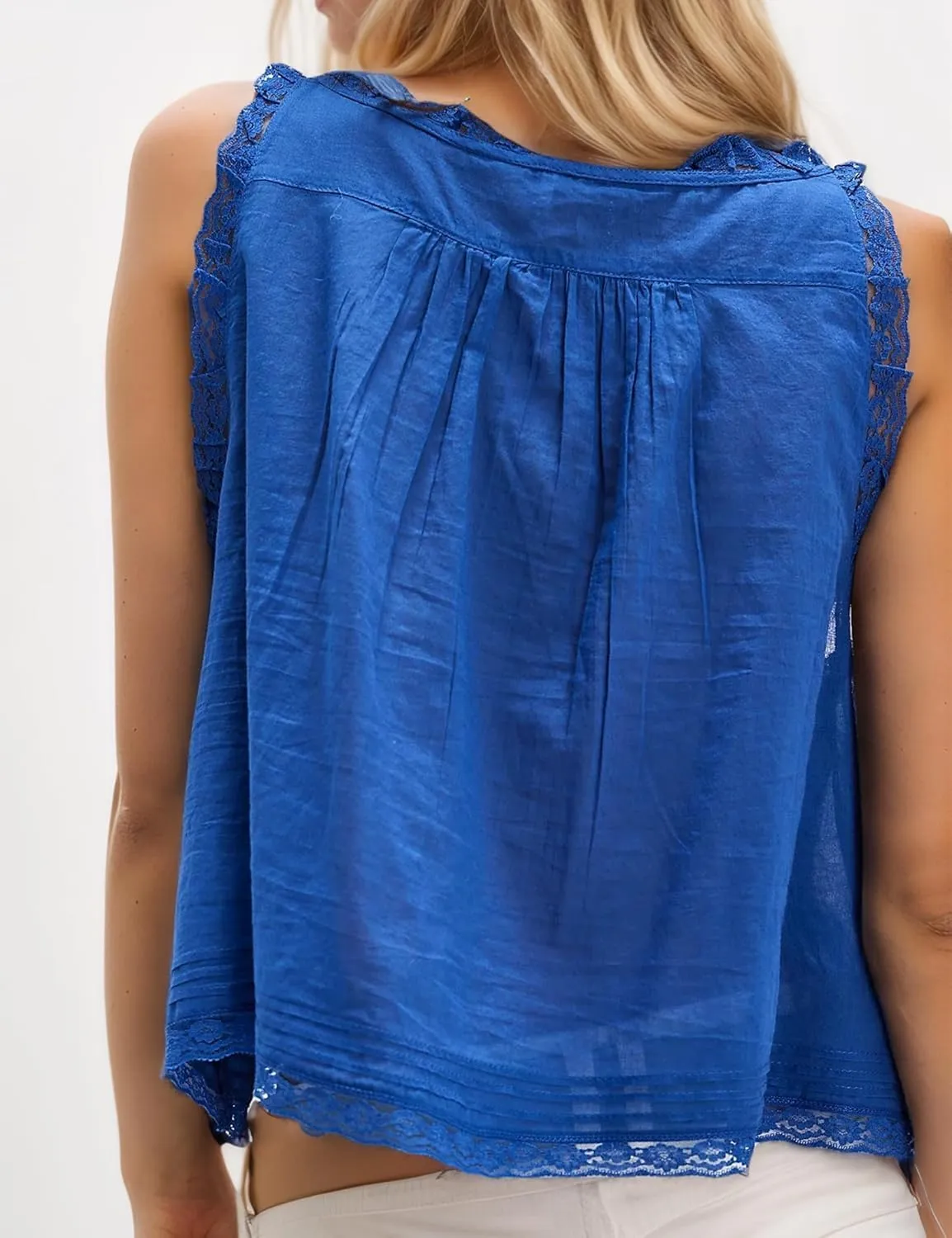 Women Sleeveless Lace Trim Tank Tops Beach Vacation Essentials Button Down Front Tie Mesh Chiffon Crop Tops