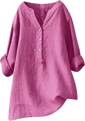 Women Summer Linen Shirts 3/4 Sleeve Cotton Blouse V Neck Button Tunic Tops Trendy Dressy Causal Clothing 2024